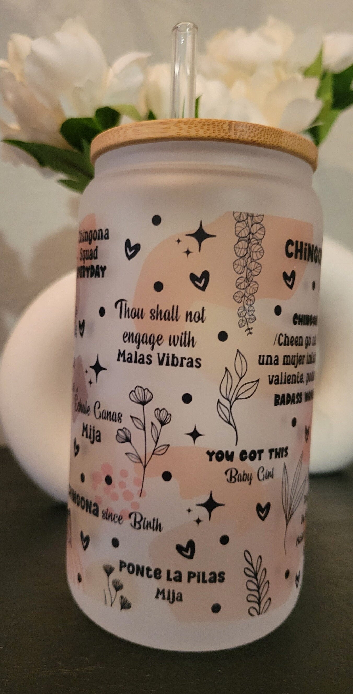 Latina Affirmation Frosted Glass Can, Mexican Tumbler, Frosted glass can, 16 oz frosted glass with bamboo lid and straw, frosted beer can