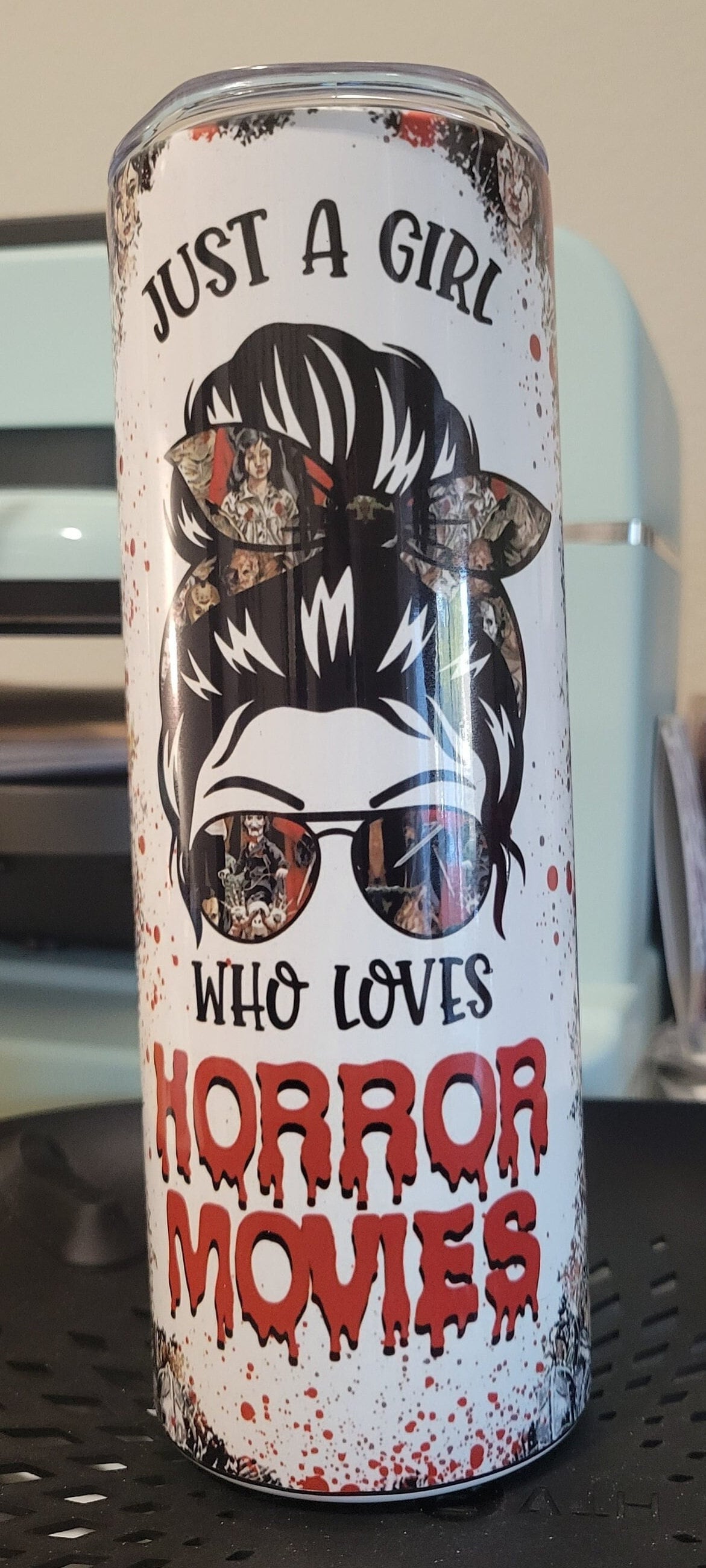 Halloween Skinny Tumbler, Mom Loves Horror Movies Tumbler, 20 oz skinny tumbler with lid and straw