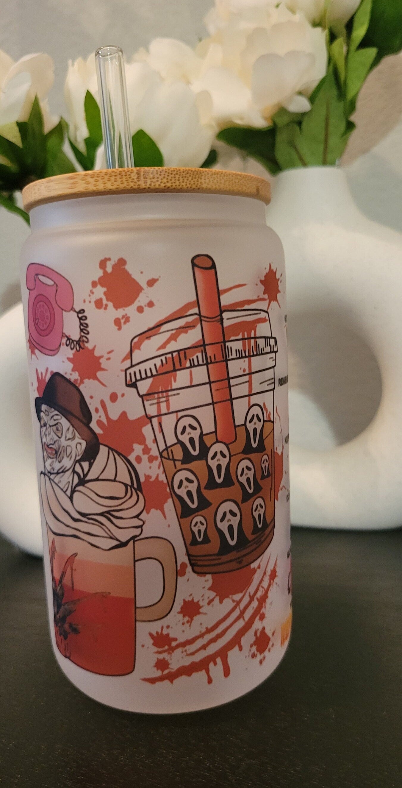 Halloween Frosted Glass Can, Freddy Scream Jason Chucky Tumbler, 16 oz frosted glass with a bamboo lid and straw, frosted beer can