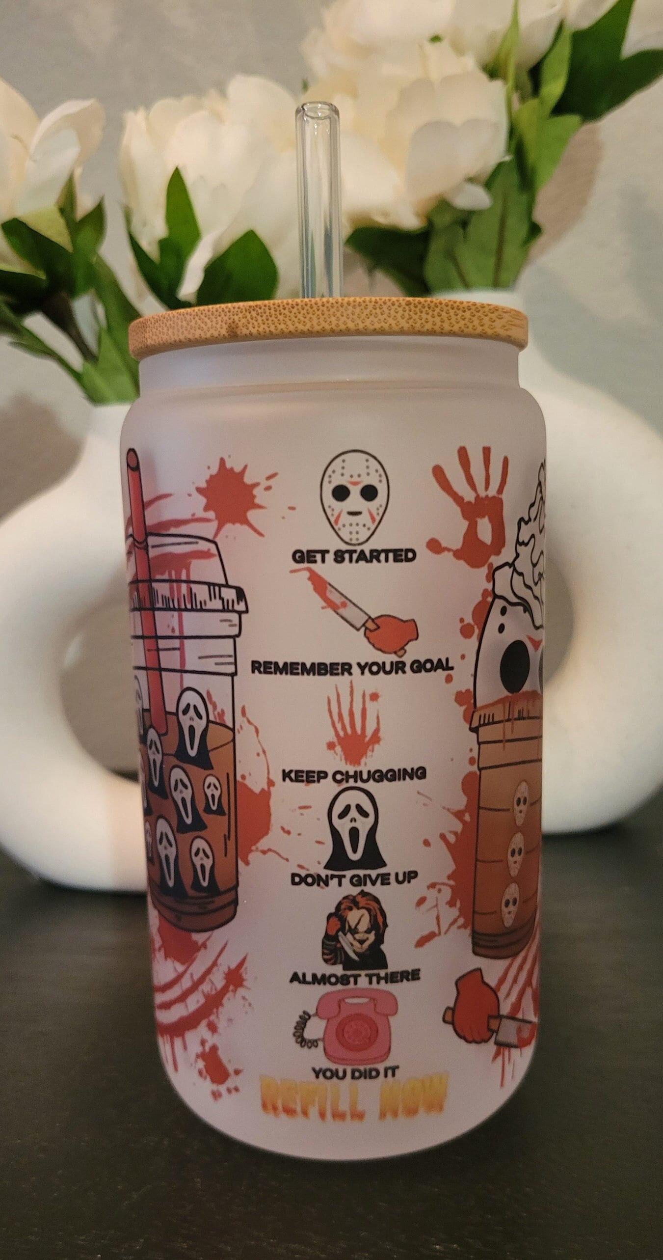Halloween Frosted Glass Can, Freddy Scream Jason Chucky Tumbler, 16 oz frosted glass with a bamboo lid and straw, frosted beer can