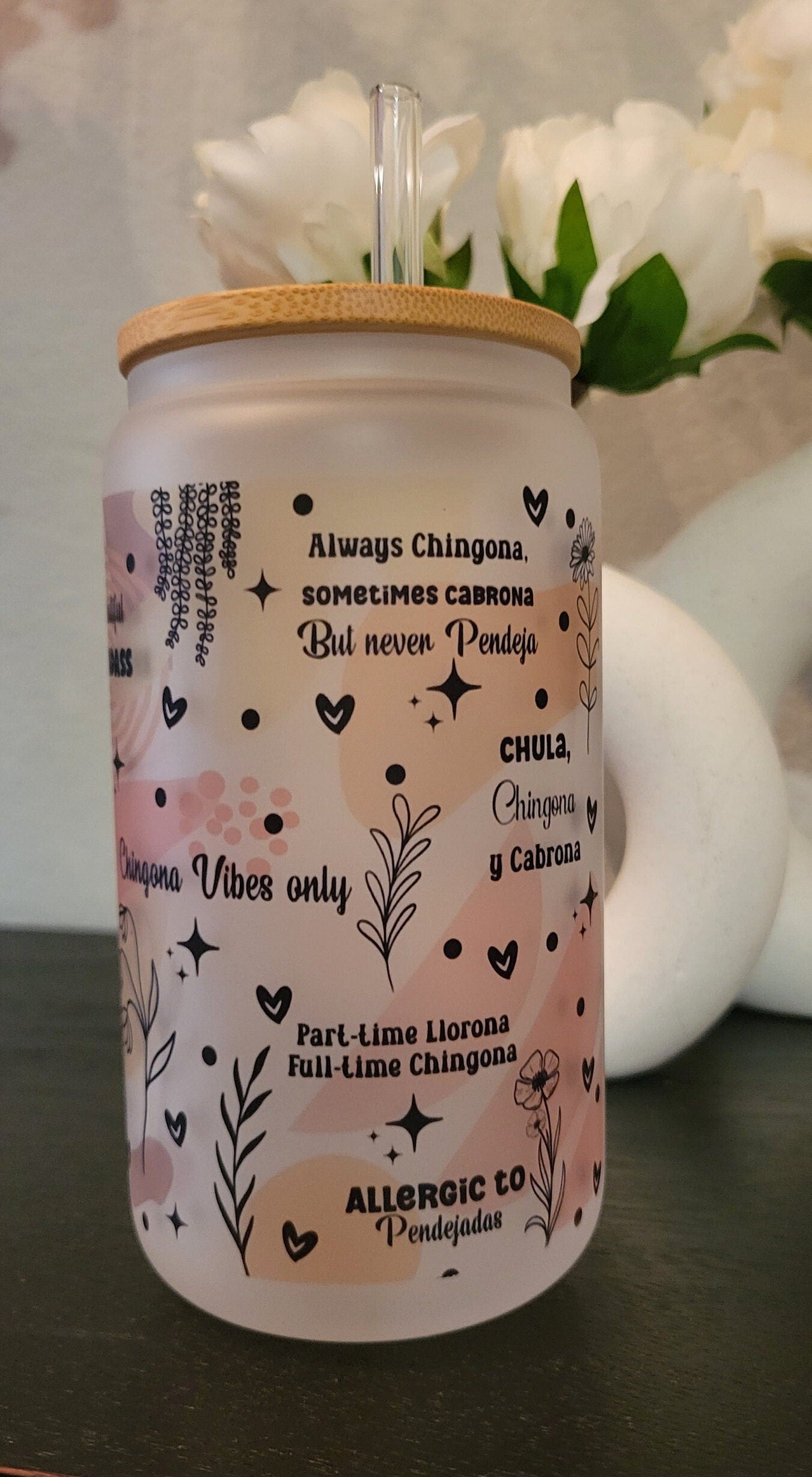 Latina Affirmation Frosted Glass Can, Mexican Tumbler, Frosted glass can, 16 oz frosted glass with bamboo lid and straw, frosted beer can