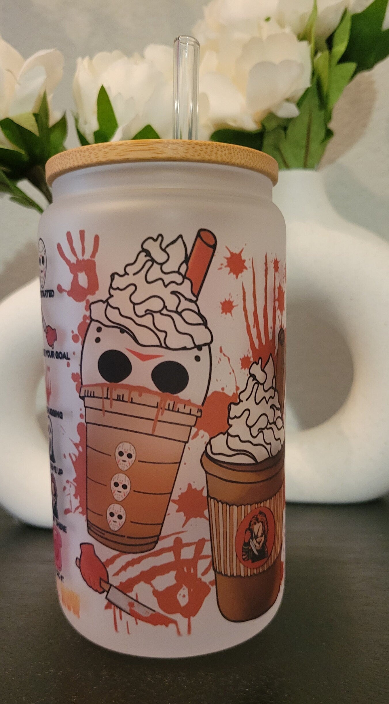 Halloween Frosted Glass Can, Freddy Scream Jason Chucky Tumbler, 16 oz frosted glass with a bamboo lid and straw, frosted beer can