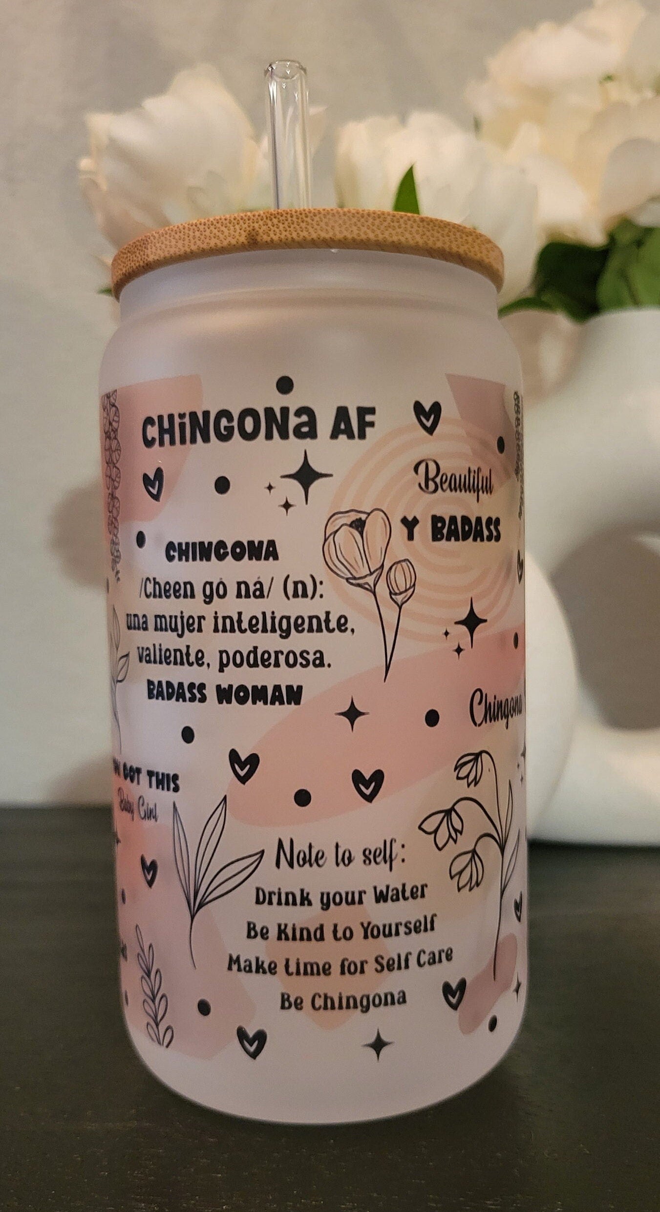 Latina Affirmation Frosted Glass Can, Mexican Tumbler, Frosted glass can, 16 oz frosted glass with bamboo lid and straw, frosted beer can