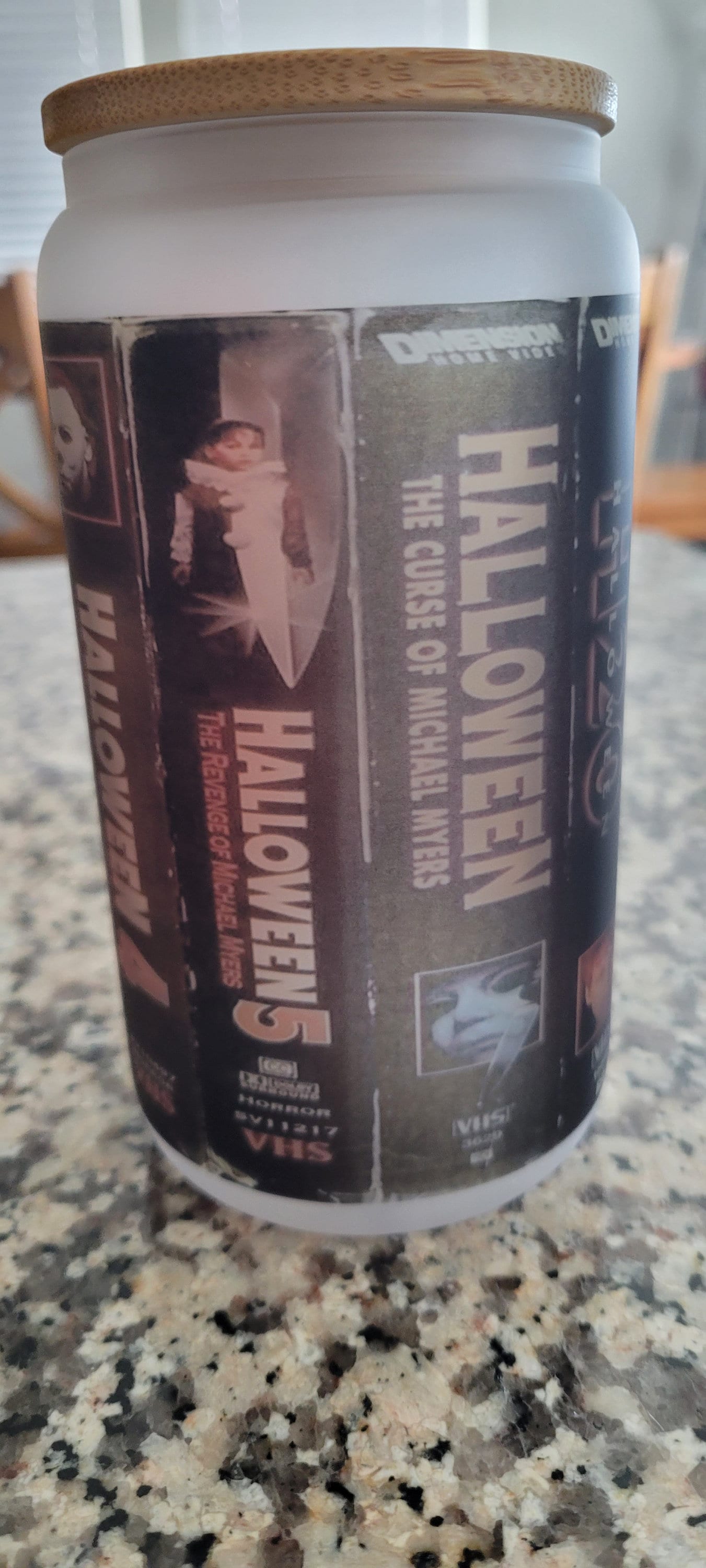 Halloween Movies Frosted Glass Can Tumbler, Michael Myers 16 oz frosted glass with a bamboo lid and straw, frosted beer can