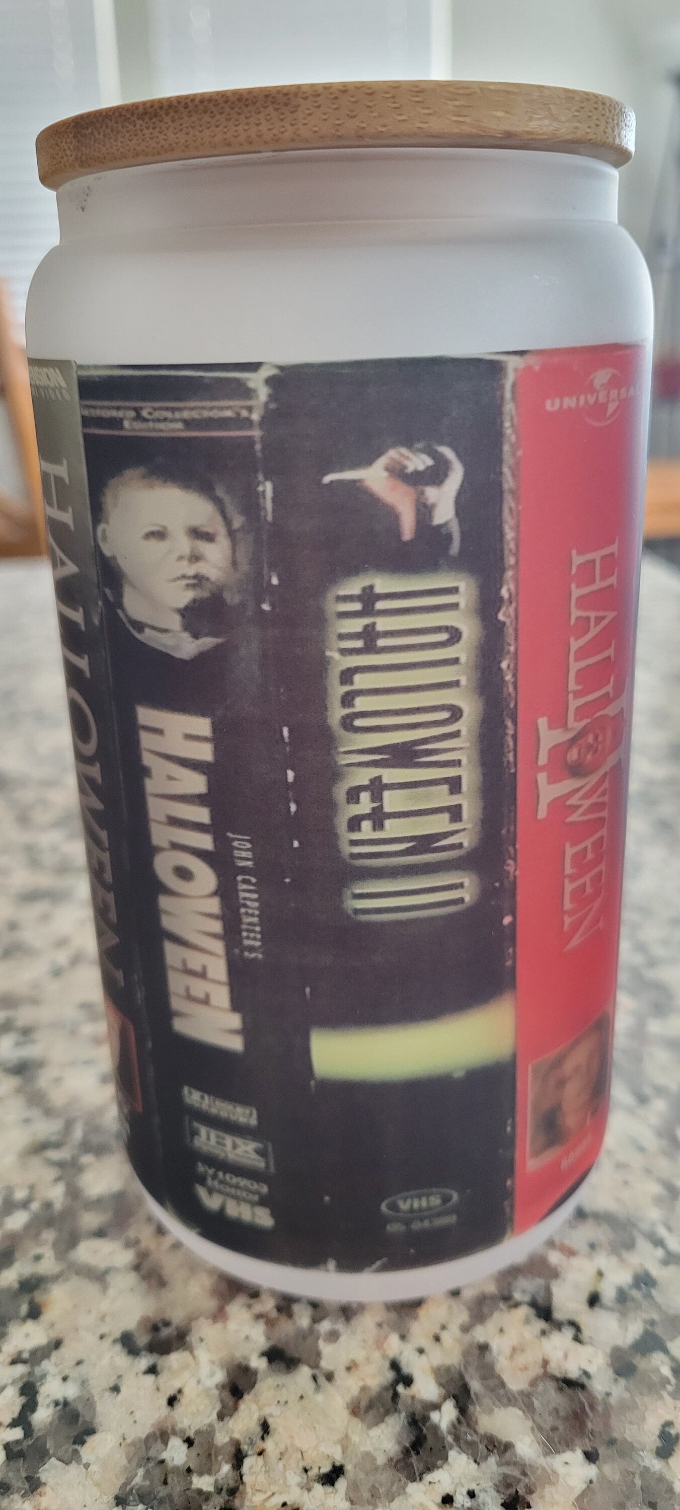 Halloween Movies Frosted Glass Can Tumbler, Michael Myers 16 oz frosted glass with a bamboo lid and straw, frosted beer can