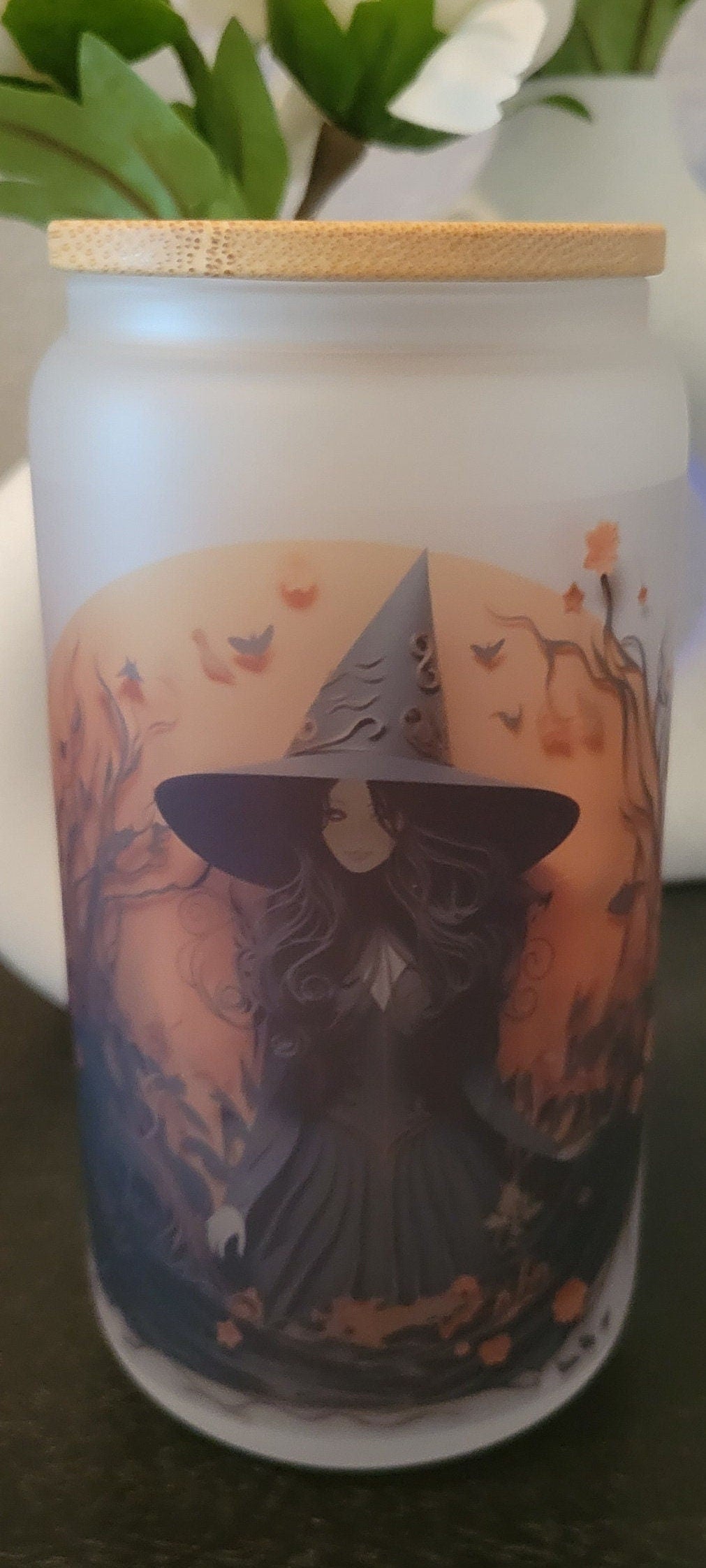Spooky Witch Halloween Girl Witch Frosted glass can, 16 oz frosted glass with a bamboo lid and straw, frosted tumbler