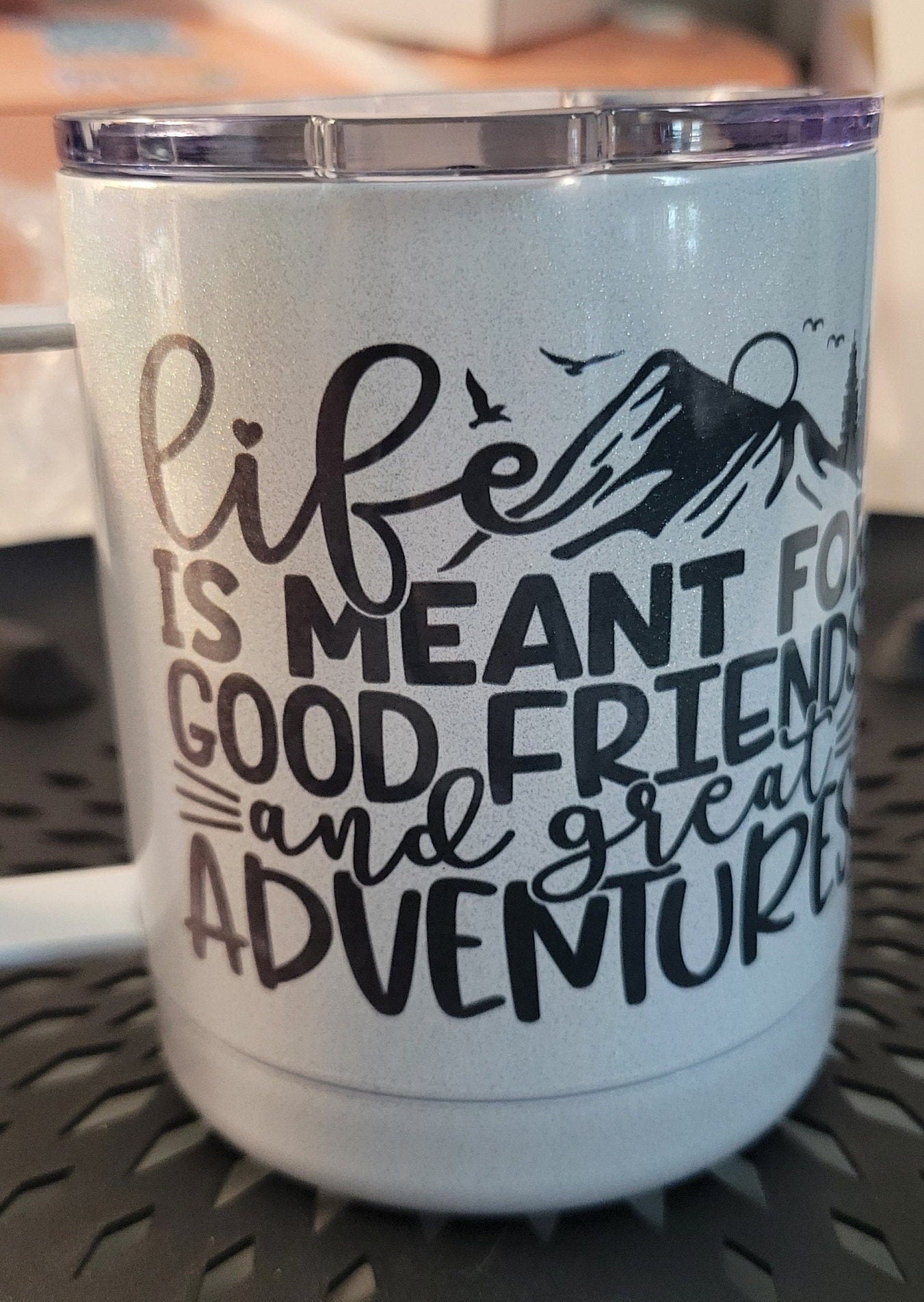 12 oz. Stainless steel travel mug with lid camping mug glamping iridescent glitter sparkling friend sister quotes hot cold coffee mug