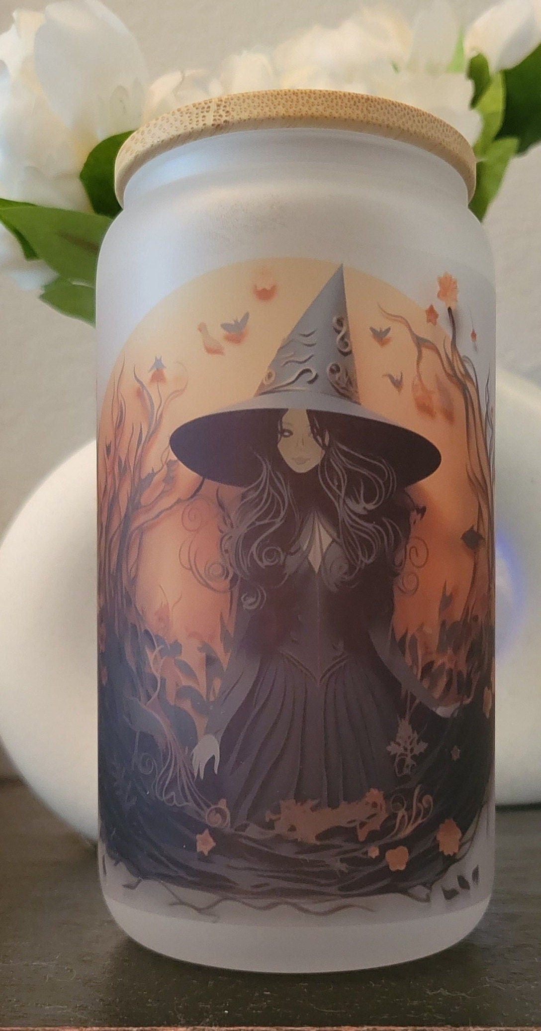 Spooky Witch Halloween Girl Witch Frosted glass can, 16 oz frosted glass with a bamboo lid and straw, frosted tumbler