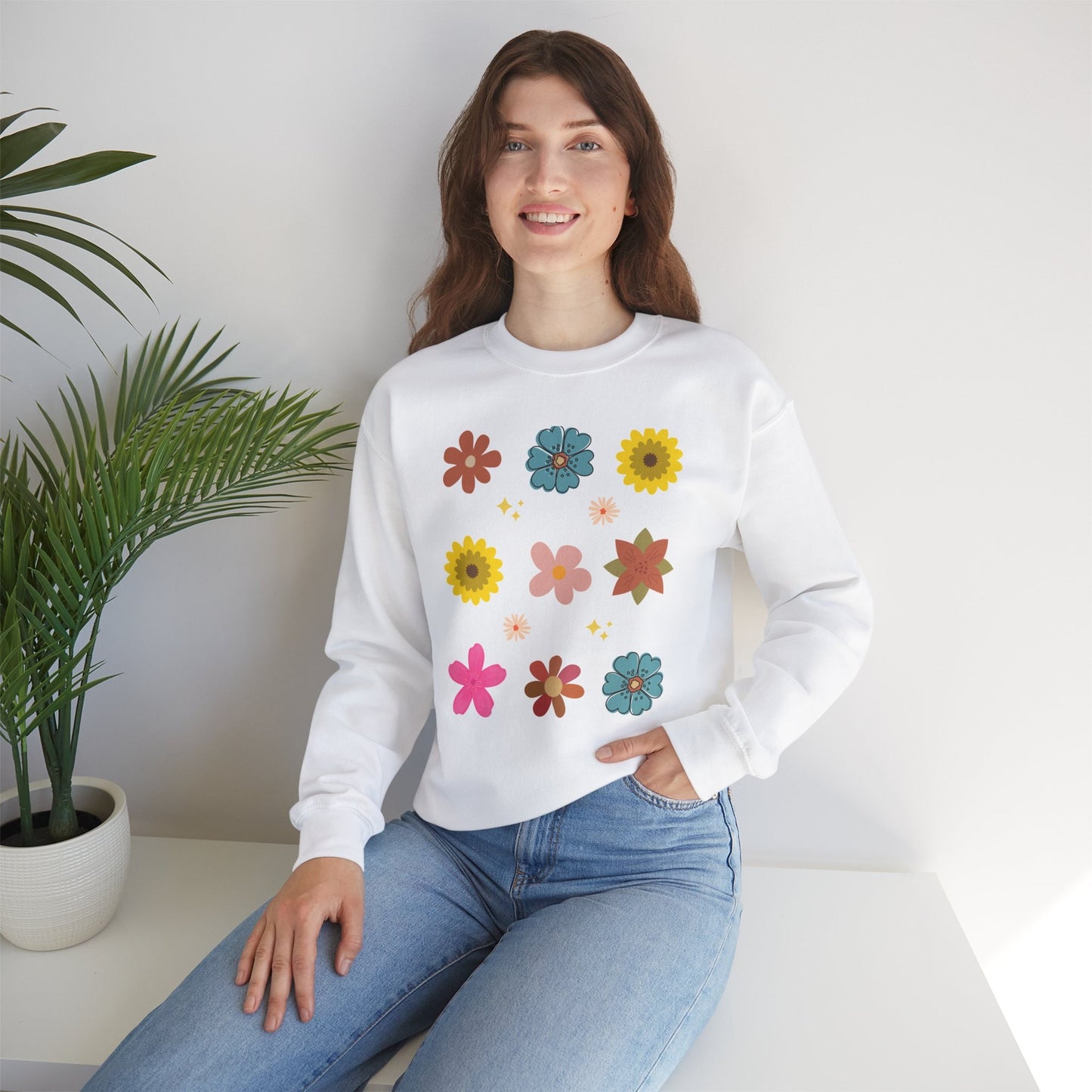Womens Junior Boho Flowers Unisex Heavy Blend™ Crewneck Sweatshirt